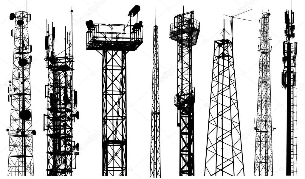 TV radio tower silhouette vector. Radio repeater isolated set on white background