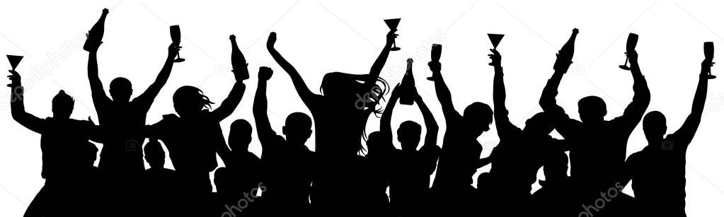 Crowd of people booze holds alcohol in hands. Party holiday silhouette vector. People are holding champagne bottles and glasses