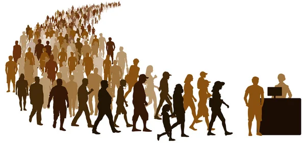 Bir sürü insan kayıt yaptırAcak. Tezgahta bilgisayarı olan resepsiyon kızı. Beyaz arka plan üzerinde izole vektör silueti