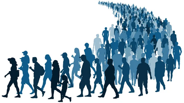 Beyaz arka planda izole edilmiş çizgi vektör siluetinde bekleyen insan kalabalığı