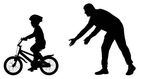 Отец учит ребенка ездить на велосипеде силуэт . — стоковый вектор