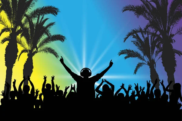 DJ op de achtergrond van de dans menigte. Beach Party. — Stockvector