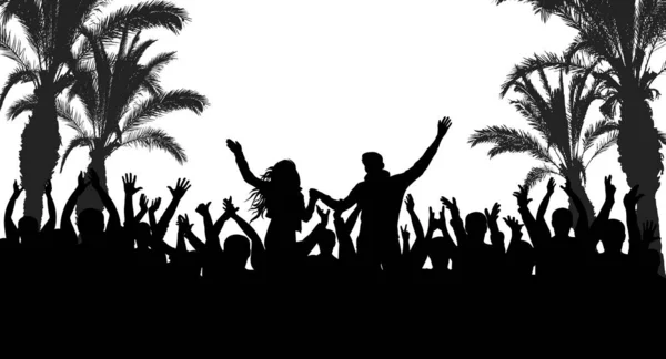 Plaża Disco party, sylwetka ludzi i palmy. Ilustracja wektorowa — Wektor stockowy