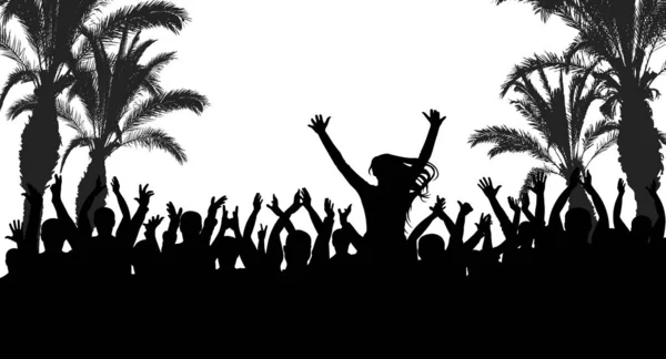 Gente alegre en una fiesta en la playa. Silueta de personas y palmeras — Vector de stock