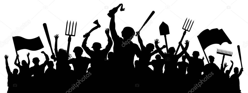 Angry crowd of people. Mass riots. Protest revolution silhouette vector