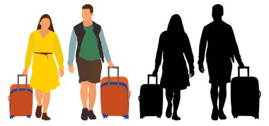 Bavullu insanlar tatile gider. Genç çift seyahat ediyor. Vektör çizimi