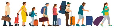 Havaalanında check-in için kuyruk. Bavullu bir sürü turist. Kalabalık, istasyonda bilet için sıraya giriyor. Vektör çizimi
