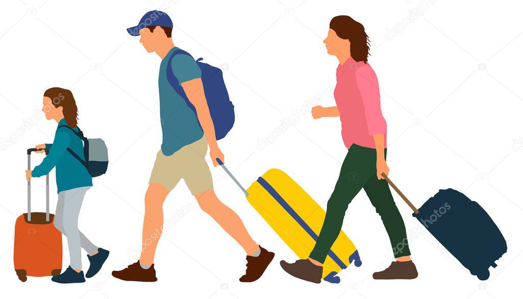 Young couple with a child rides on a resort. People go with suitcases. Vector illustration