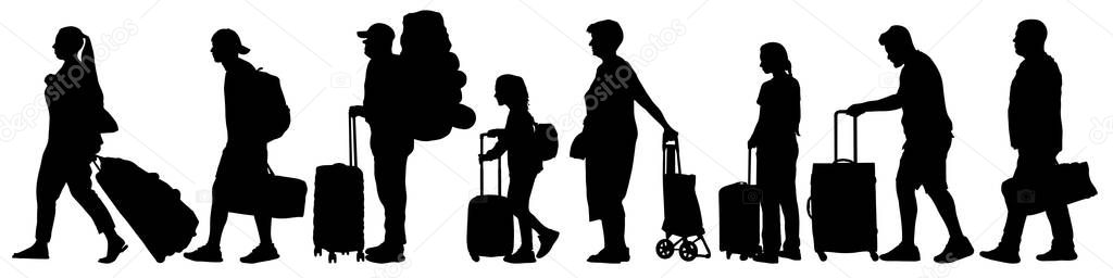 Many tourists with suitcases. Queue for check-in at the airport. A crowd of people stand in line for tickets at the station. Vector silhouette