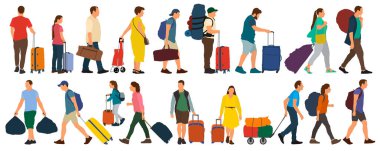 Bavulları ve sırt çantaları olan insanlar. Bir kalabalık turist