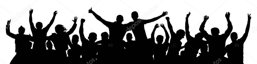 People celebrate silhouette. Crowd cheer. Friends background