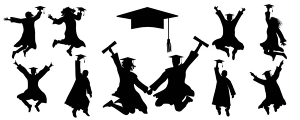 Ícones Saltar Silhuetas Graduados Estudante Ícone Tampão Acadêmico Quadrado Ilustração —  Vetores de Stock