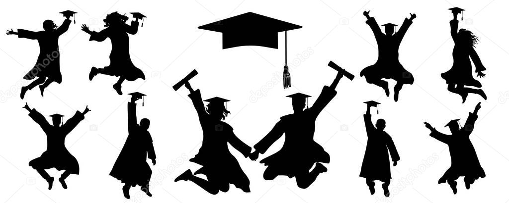 Icons of jumping silhouettes of graduates student, icon of square academic cap. Vector illustration