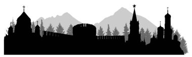 Rusya, Kremlin Sarayı 'nın silueti, kale, katedral, orman ve dağlar. Vektör illüstrasyonu