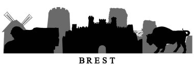 Belarus 'taki Brest şehrinin simgelerinin siluetleri. Vektör illüstrasyonu.