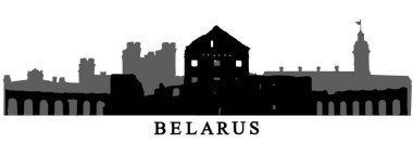 Belarus 'un simgeleri, Nesvizh kalesinin siluetleri, Kosava kalesi ve Ruzhany sarayı. Vektör illüstrasyonu.