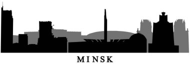 Belarus 'taki Minsk binasının siluetleri (Obelisk Stella ve müzesi, otel, Minsk arenası, Minsk kapıları ve benzeri). Vektör illüstrasyonu.