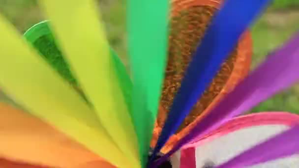 Kleurrijke windspinner draait snel, close-up. Tuindecoratie — Stockvideo