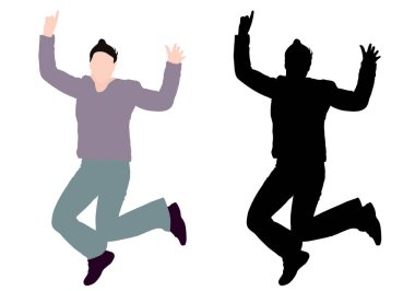 Neşeli zıplayan kadın, renkli ve siyah siluetler. Vektör illüstrasyonu