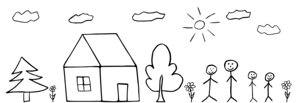 Детское Искусство Семья Дом Деревья Цветы Детский Рисунок Векторная Иллюстрация — стоковый вектор