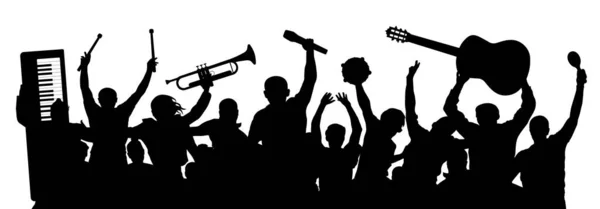 陽気な音楽家のグループ 大勢の人が手を上げた 人々は頭の上に楽器を持っている シルエットベクトル — ストックベクタ
