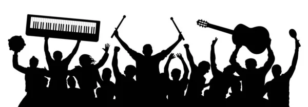 Sylwetka Muzyków Tłum Ludzi Instrumentami Muzycznymi — Wektor stockowy