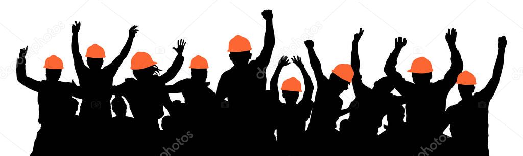 Construction workers strike. Protest of crowd of builders. Silhouette vector