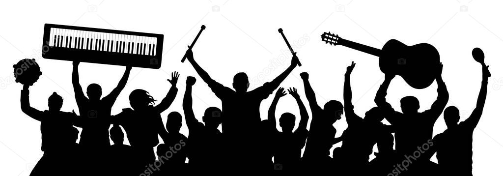 Musicians silhouette. Crowd of people with musical instruments