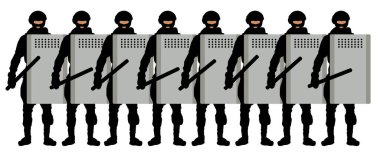 Kalkanları ve copları olan bir grup çevik kuvvet polisi.