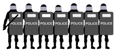 Kalkanları olan polis. Siluet vektör illüstrasyonu