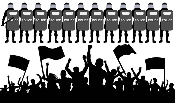 Multidão Manifestantes Com Bandeiras Contra Polícia Ilustração Vetorial Silhueta —  Vetores de Stock