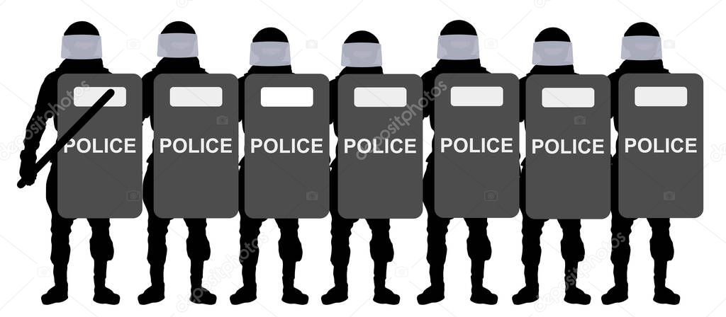 Police with shields. Silhouette vector illustration