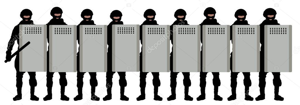 Riot squad crowd with shields. Police special forces with batons. Silhouette vector illustration