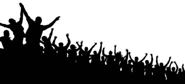 Neşeli kalabalık alkışlıyor. Hayranlar mutlu insanlar. Parti disko konser sporu. Siluet vektör illüstrasyonu
