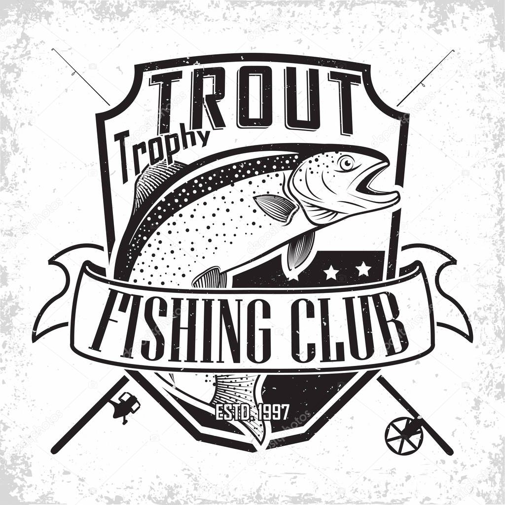 Fishing club vintage logo design, emblem of the trout fishermen, grange print stamps, fisher typography emblem, Vector
