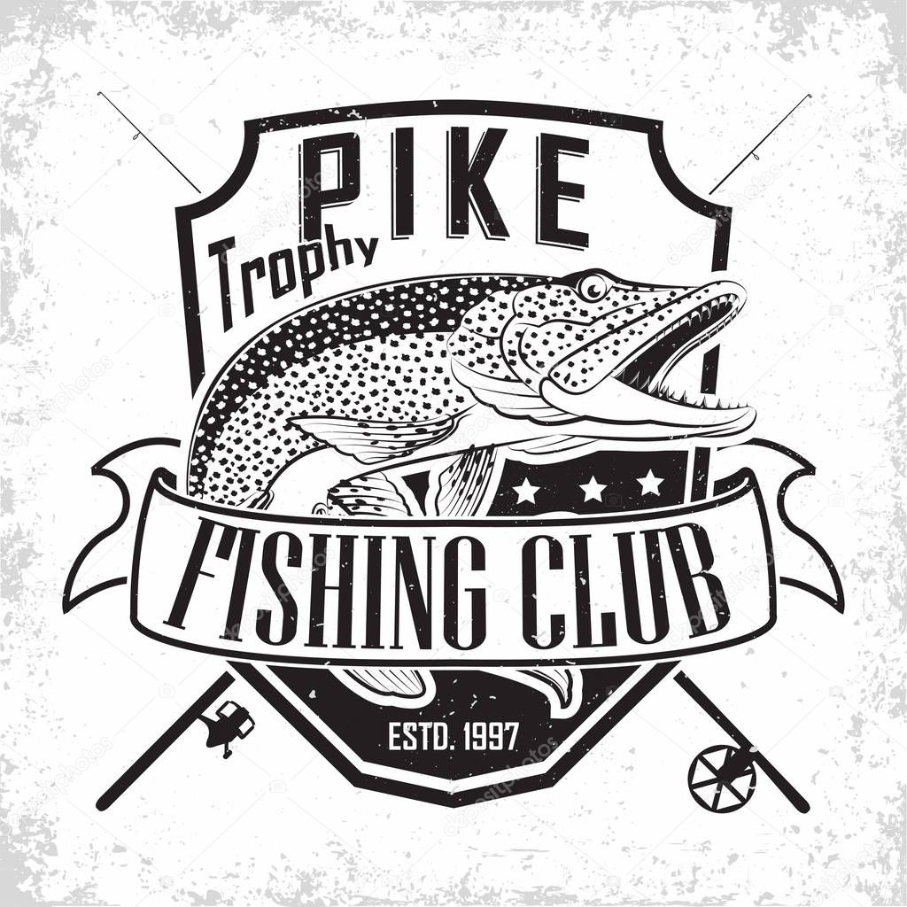 Fishing club vintage logo design, emblem of the pike fishermen, grange print stamps, fisher typography emblem, Vector