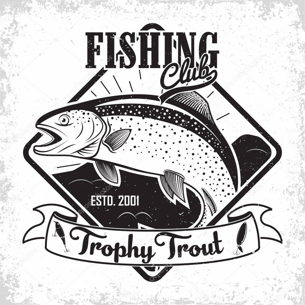 Fishing club vintage logo design, emblem of the trout fishermen, grange print stamps, fisher typography emblem, Vector