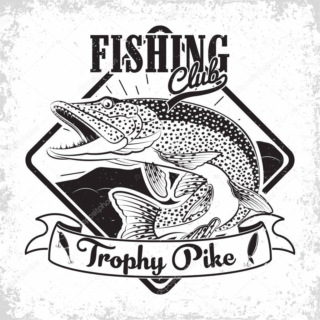Fishing club vintage logo design, emblem of the pike fishermen, grange print stamps, fisher typography emblem, Vector