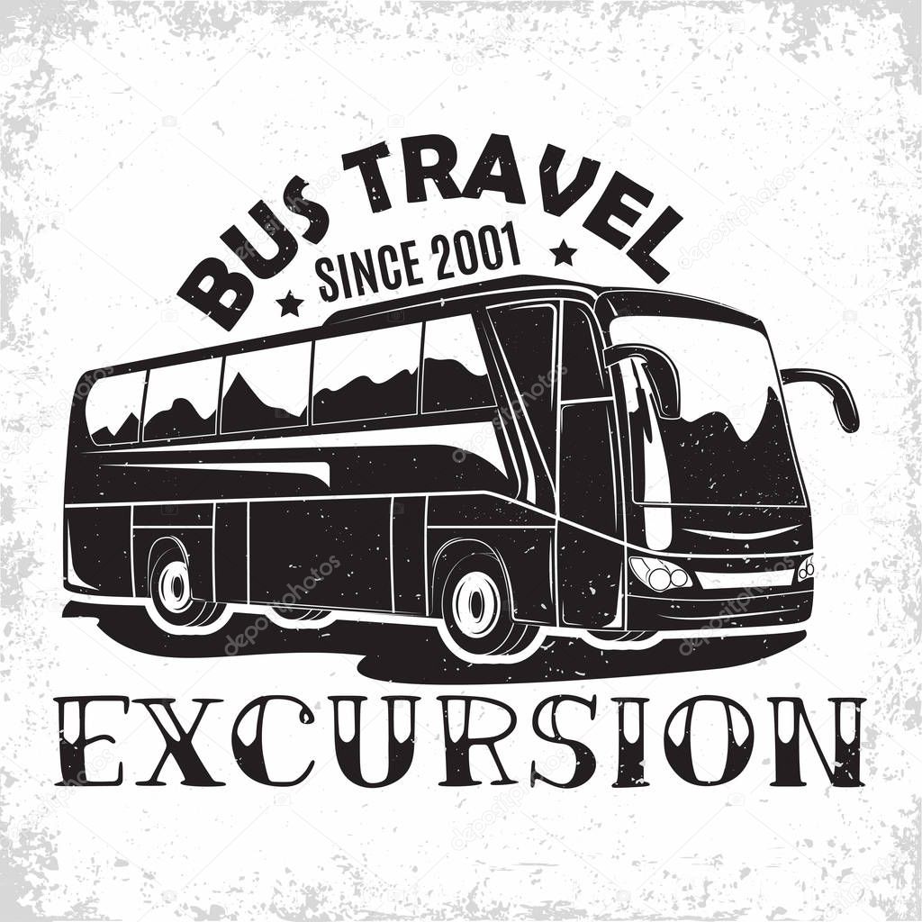 Bus travel company logo design, emblem of excursion or tourist bus rental organisation, travel agency print stamps, bus typography emblem, Vector