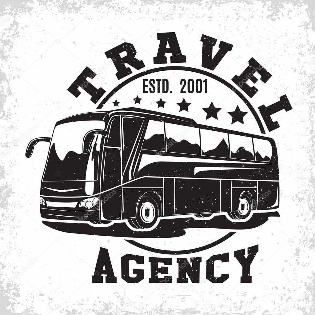 Bus travel company logo design, emblem of excursion or tourist bus rental organisation, travel agency print stamps, bus typography emblem, Vector