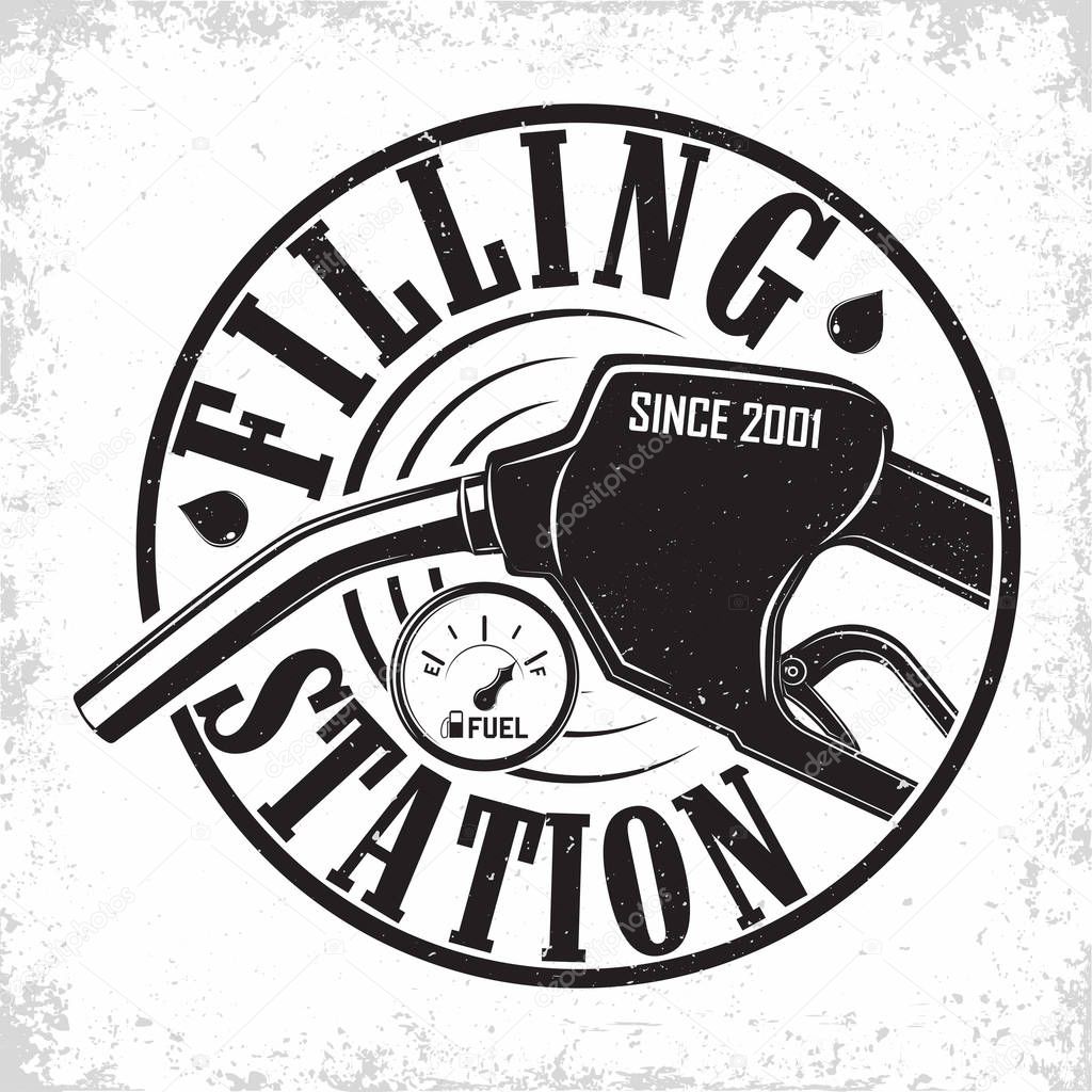 Vintage Petrol station logo design, emblem of gasoline station, Gas or diesel filling station typographyv emblem, print stamps with easy removable grange, Vector