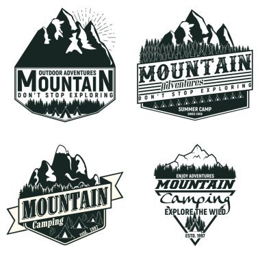 Vintage kamp seti veya turizm logosu tasarımları, grange baskı pulları, yaratıcı tipografi amblemleri, Vector
