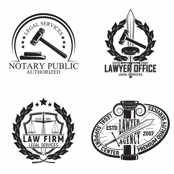 法律事務所のセットは デザインを埋め込みます 弁護士機関や公証人のエンブレム ヴィンテージコートタイポグラフィのエンブレム ベクトル — ストックベクタ