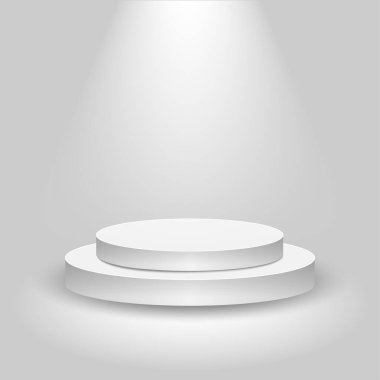 Gerçekçi yarışma sahnesi, boş beyaz podyum, sunum için ürün yerleştirme yeri, gri arka planda kazanan podyum veya sahne, vektör