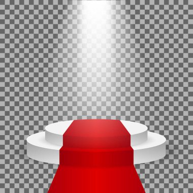 Kırmızı halı ve spot ışıklarıyla gerçekçi yarışma sahnesi, boş beyaz podyumda kırmızı halı, sunum için ürün yerleştirme yeri, kazanan podyum veya kırmızı halılı sahne, vektör