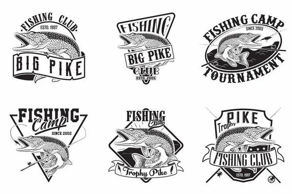 Набір Рибальського Клубу Старовинні Емблеми Дизайну Емблеми Форелі Рибалок Гранжеві — стоковий вектор