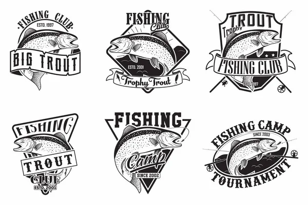 Soubor Návrhů Symbolů Rybářského Klubu Emblémy Rybářů Grange Tiskové Známky — Stockový vektor