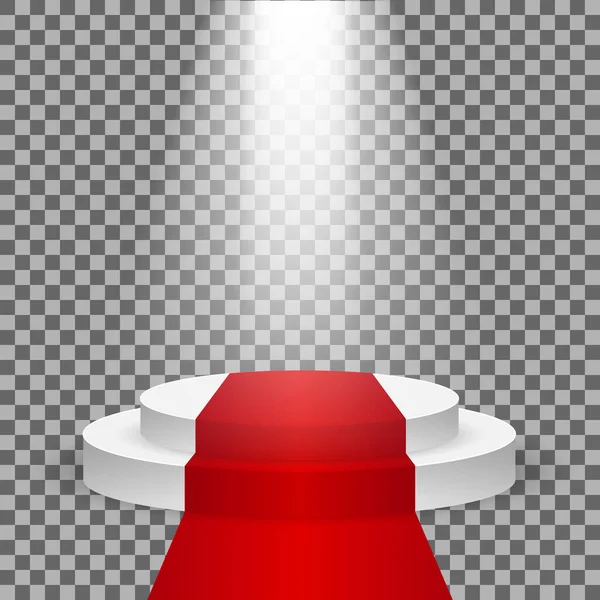 Kırmızı Halı Spot Işıklarıyla Gerçekçi Yarışma Sahnesi Boş Beyaz Podyumda — Stok Vektör