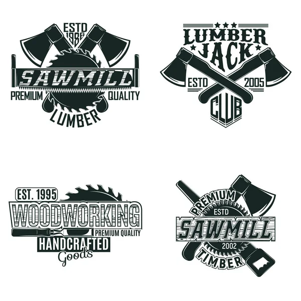 Antika ahşap logo tasarımları, grange baskı pulları, yaratıcı marangozluk tipografi amblemleri, Vector