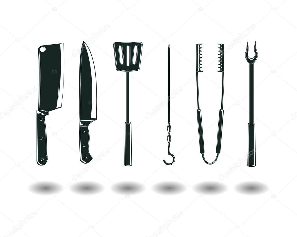 Set of Monochrome signs of BBQ equipment , elements for vintage logo or emblem design isolated on white background, vector